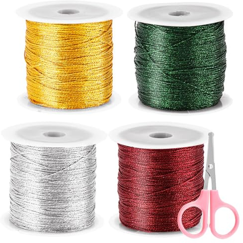 Glarks Set di 4 corde metalliche, da 50 m, 55 yards, rosso, oro scuro, argento, nero e verde non elastico, filo metallico con 1 paio di forbici rosa, corda metallizzata