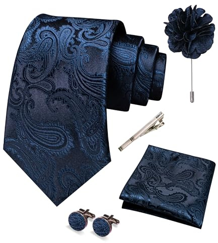 JEMYGINS Mens Navy Blue Paisley Tie Necktie and Pocket Square with Lapel Pin,Cufflinks,Tie Clip Sets 5PCS(3)