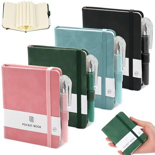 NINGYER 4 Pièces Carnet A7, Petit Carnet Livré Avec 4 Stylos, 11x8cm Carnet de Poche pour Voyages, L'école, Bureau, Ravail, L'extérieur (Quatre Couleurs)