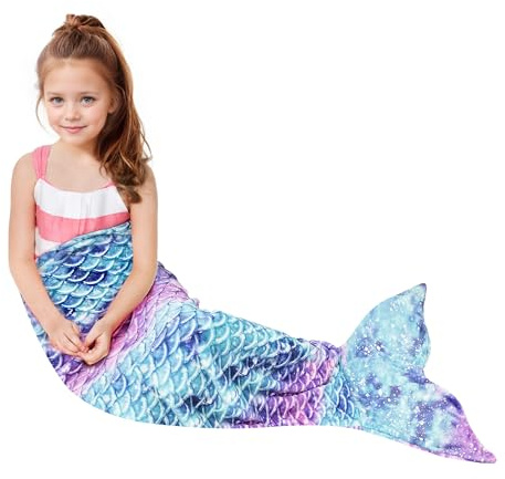 Catalonia Classy Mermaid Tail Blanket for Kid Gift - Wearable Blanket 114 x 41 cm, Soft Plush Flannel Sleeping Bag for Girls All Seasons, Shiny Clear Sky Pattern