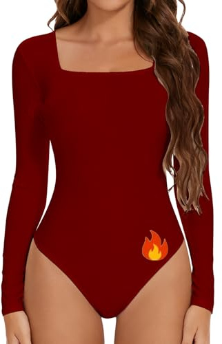 Joyshaper Dam Bodysuit Långärmad Elegant Toppar Med Fyrkantig Hals Varm Termisk Blus Bodysuit Toppar Toppar Underkläder, Fyrkantig halsring-vinröd, M