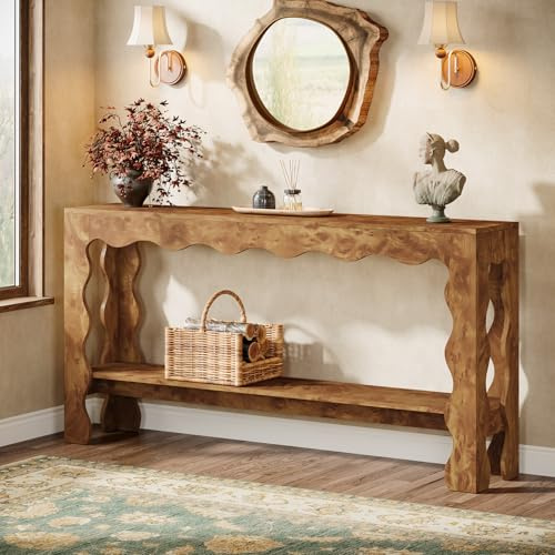 Tribesigns Table console de 160 cm, table d'entrée étroite à 2 niveaux avec pieds festonnés, table de canapé rustique derrière le canapé pour le couloir, salon, marron clair