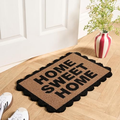 OHS Washable Door Mats Outdoor & Indoor Welcome Print, Stylish Scallop Edge Non-Slippery Heavy Duty Coir Front Door Mat Perfect for Dirt Trapping, Black/Natural - 40 x 60cm
