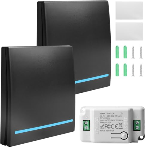 Set di 2 interruttori della luce da 230 V, Wifi+RF 433 MHZ con ricevitore, 2 interruttori e 1 ricevitore, portata di 30 m, interruttore wireless, trasmettitore radio, set di interruttori della luce