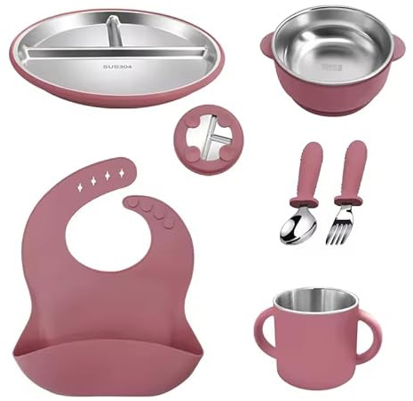 Baby Esslern Set av silikon och rostfritt stål 304 | BPA-fri | Tallrik, skål, mugg med handtag, sked, gaffel och haklapp | avtagbar insats i rostfritt stål