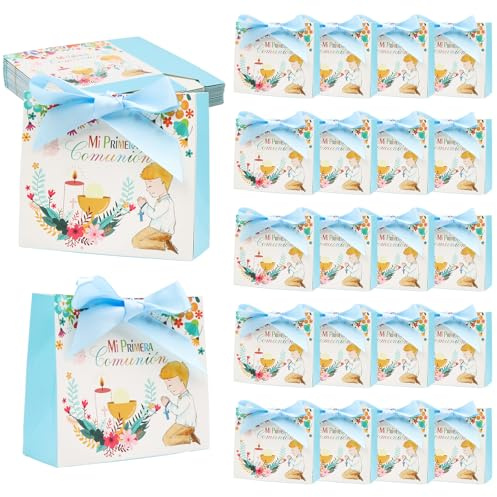 BORISCA 22pcs Azul Bolsa Regalo Comunion Niño Detalles Comunion para Niños para los Invitados Bolsas Cajas Regalo con Cinta Azul de Comunión que se Puede Rellenar para Velas o Galletas de Chocolate