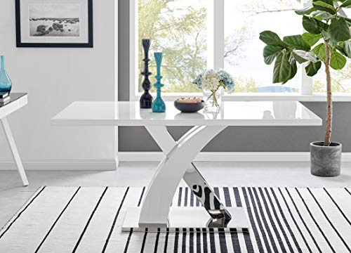 Furniturebox UK Rectangular Dining Room Table - Atlanta Modern High Gloss White Dining Table With Contrasting X Shaped Legs For 6 Seats - Elegant Dining Table (Dining Table Only)