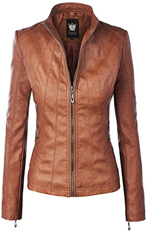 Lock and Love LL WJC877L Womens Panelled Faux Leather Moto Jacket L Camel