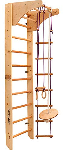 RINAGYM Kletterwand für Kinder mit höhenverstellbarer Stange-Indoor Klettergerüst aus Holz-Wand-Reck, Stange, Gymnastik-Ringe, Kletterseil, schwedische Leiter