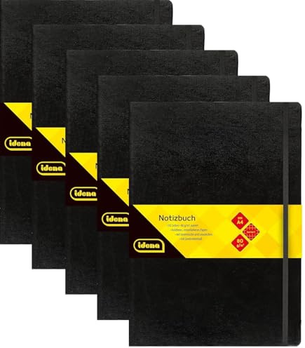 Idena 209280 - Notizbuch DIN A4, 192 Seiten, 80 g/m², kariert, schwarz (Schwarz, DIN A4 | 5 Stück)