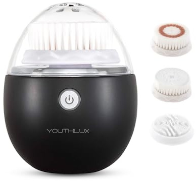 YOUTHLUX Pure Radiance, Vibrating Facial Cleansing Brush, Electric Face Scrubber, 3 Modes, 3 Brush Heads (2 Bristle,1 Silicone), Waterproof, Rechargeable, Smart Timer, Exfoliating, Massage (Black)