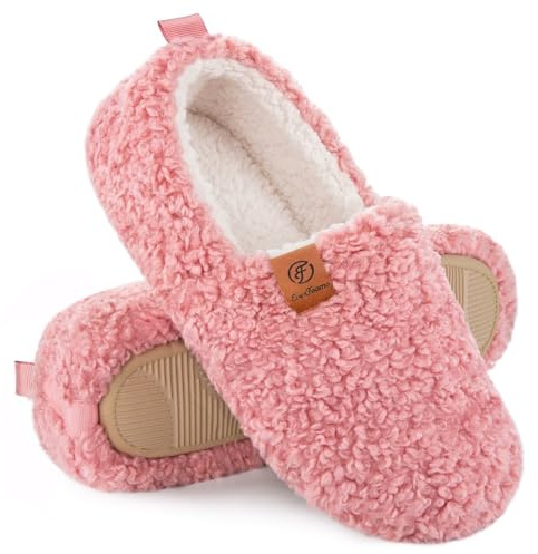 EverFoams Women’s Soft Curly Full Slippers Memory Foam Lightweight House Shoes Cozy Loafer with Polar Fleece Lining Pink,7-8 US