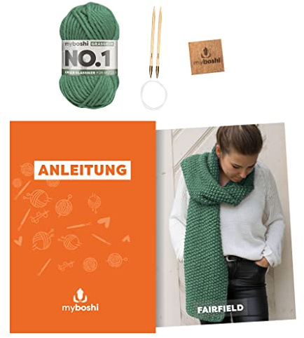 myboshi Strickset Schal Fairfield, Strickset für Anfänger, inkl. No.1 Wolle, Nadel und Anleitung, Strickpaket, 30% Merinowolle Grün, mit Rundstricknadel