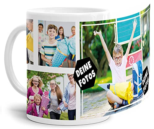 Foto-Tasse zum selbst gestalten mit Foto-Collage für 4 Wunschfotos - Geschenk für Familie, Freunde, Geburtstag, Weihnachten - Keramik Weiß, 300 ml I Personalisiert