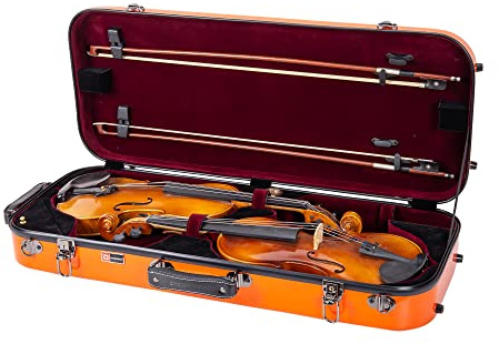Crossrock Fiberglas-Doppelkoffer für zwei 4/4 Violinen in voller Größe, inklusive TSA-Schloss, Schutzdecke, Hygrometer, abnehmbare Schultergurte, Orange (CRF2020DVOR)