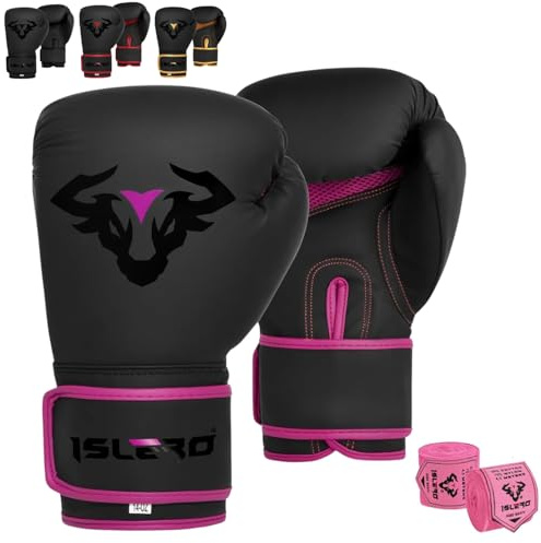 Islero EVO Fitness matt svarta boxningshandskar män boxningssäck kvinnor rosa MMA muay thailändsk kampsport sparring träning stridshandskar med handomslag (14 oz, rosa)
