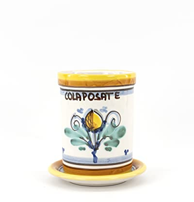 CEAR Ceramiche - Colaposate, barattolo scolaposate da cucina con piattino in ceramica artigianale siciliana H cm 13 decoro giallo