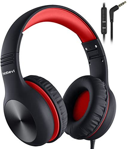 Nabevi Casque Audio Enfant, Casque Enfant Audio Filaire avec Microphone, 85/94dB Limite de Volume, Sonore HD, Fonction de Partage, Casque Enfant Pliable pour iPad/Tablet/PC/Voyage/École, Noir Rouge