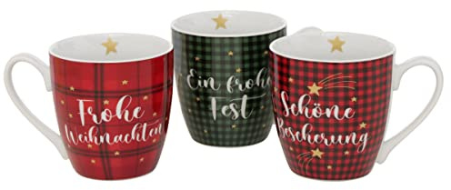 3er Set Kaffeetassen Jumbo 480ml Porzellan Tassen Spülmaschinengeeignet n704 Karo grün rot Frohe Weihnachten Schönes Geschenkset Frohes Fest Weihnachtstassen kariert Glühwein Becher Pott