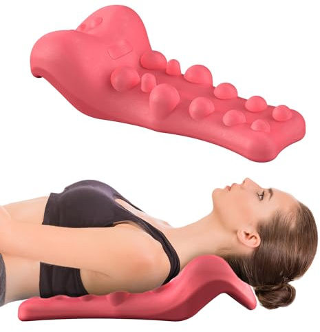 Neck and Shoulder Relaxer with Upper Back Massage Point, Cervical Traction Device Neck Stretcher for TMJ Pain Relief and Cervical Spine Alignment Chiropractic Pillow (Dark Pink)