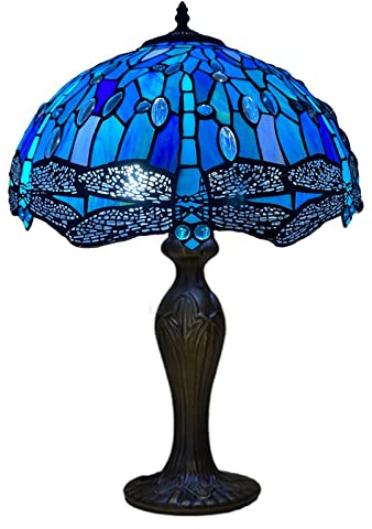 Tiffany Lamp 16 inch Sapphire Blue Dragonfly - Stained Glass Table Lamp | Tiffany lights table lamps, handcrafted stained glass on a resin base. For living room, bedroom or bedside.
