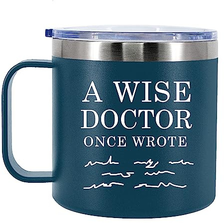 Panvola A Wise Doctor Once Wrote Doctor Gifts Physician Medical Student MD Practitioner Dr Vacuum Insulated Coffee Cup 14oz with Handle and Lid Thermal Mug 304 Stainless Steel (Blue, 14 Ounces)