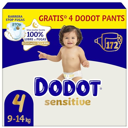 Dodot Pañales Bebé Sensitive Talla 4, 172 Pañales, 9kg - 14kg, Óptima Protección de la Piel de Dodot