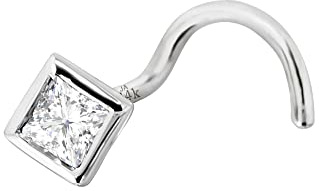 22G 14K White Gold Cork Screw Nose Stud Bezel Set 0.05ct Princess Cut Diamond - April Birthstone Nose Ring - NSCRWG_PWD2