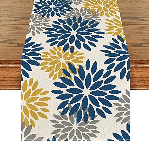 Artoid Mode Camino de mesa «Flores, marino azul, dalias», verano, decoración de mesa de cocina estacional, para interior, vacaciones, fiesta, 40 x 140 cm