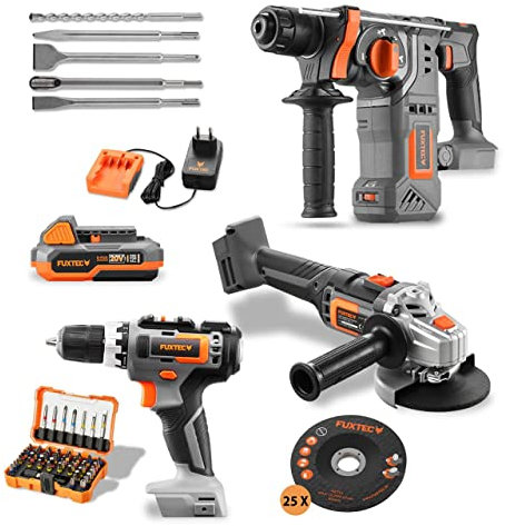 FUXTEC 20V SET Trapano tassellatore, avvitatore a batteria e smerigliatrice angolare con batteria e caricatore - incluso set di punte, attacco martello e dischi abrasivi