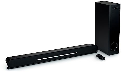 Thomson SB600BTS Soundbar - 500W Potenza Musicale Totale - Bluetooth 5.0 - Design Audio Direzionale - Subwoofer Cablato - Ingresso Ottico & AUX - Preset EQ - Telecomando - Sistema Stereo 2.1 Canali