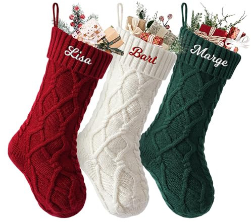 SearchI 3er Gestrickte Weihnachtsstrümpfe Personalisiert 18” Großer Individuelle Bestickte Name Nikolausstrumpf mit Benutzerdefinierte Christmas Stockings für Kamin Feiertags Familienparty Dekoration