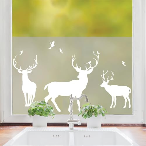 Wandtattoo Loft Sichtschutzfolie Fenster mit DREI Hirschen als Motiv, Fensterfolie Blickdicht, Milchglasfolie Fenster, Fensterdeko Selbstklebende Folie, Dekoration, Schutz Klebefolie