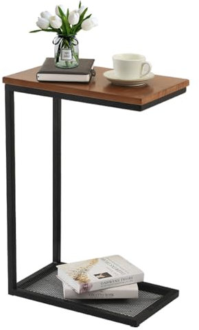 Mingone Beistelltisch C-Form Couchtisch Holz Nachttisch Sofatisch Telefontisch Kiefernholz mit Stauraum Tisch für Wohnzimmer Schlafzimmer 28x45x68cm，Braun