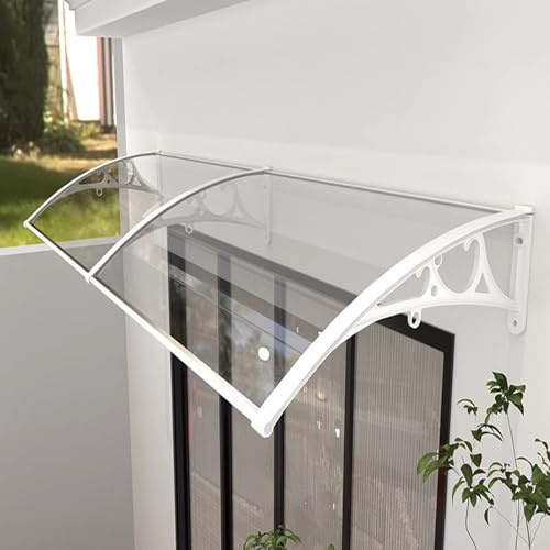 kefu01 Auvent de Porte d'Entrée,Marquise de Porte d'Entrée en Polycarbonate Transparent,Auvent Marquise de Jardin de Terrasse,Marquise d'accueil de Protection UV,avec Support Blanc (60x140cm/24 x55)