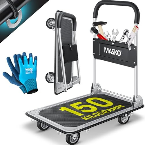 MASKO® Carrello pieghevole con guanti da lavoro, portata 150 kg, freno di stazionamento, con 6 occhielli di sicurezza, ruote girevoli a 360°, carrello pieghevole