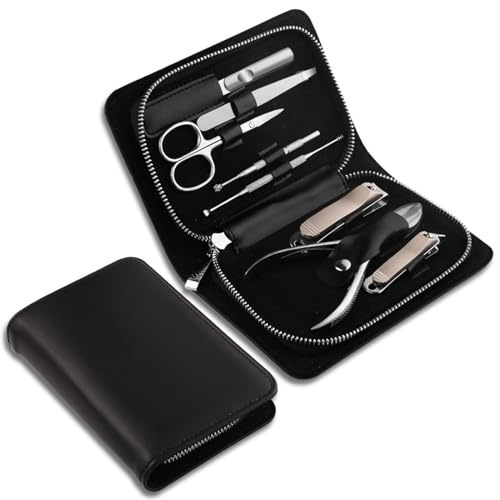 XUCHIL Nagelknipser Geschenkset 8-teiliges professionelles Nagelknipser-Set, Maniküre-Set, Maniküre-Set, Edelstahl, Nagelpflege-Set, Pediküre-Pflegeset mit Leder-Reiseetui (Color : Black Set)