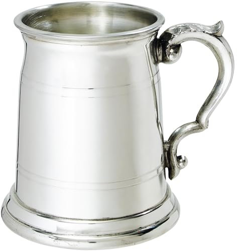 Pewter Tankard Half Pint Old London Design Double Line on Top and Bottom of Body Scroll Handle Pure Pewter Beer Tankard Perfect for Engraved Personalised Gifts for Men and Women