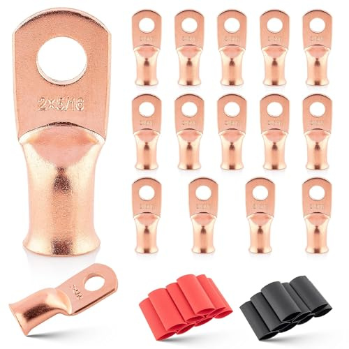 RED WOLF 2 AWG 5/16(M8) 16 Pcs Wire Lugs Ring Terminal Connectors Ends, 2 Gauge Battery Cable Copper Connector Ring Ends Stud w/Heat Shrink Tubing 3:1 Black Red for Automotive Electrical