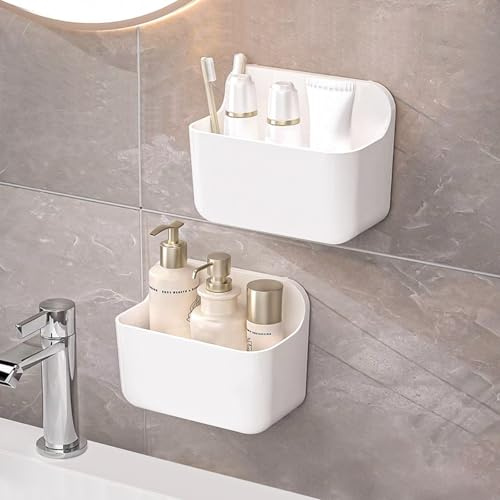 ANRUI Mensola Doccia, 2 Pezzi Mensole Bagno Senza Foratura Portaoggetti per Doccia da Parete, Porta Bagnoschiuma Shampoo da Doccia, Organizzatore Bagno Senza Foratura in Plastica, Bianco-Cesto Piccolo