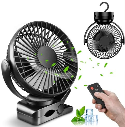 EHIOG Tragbarer Mini Ventilator mit 8000mAh Akku, 360° Drehung, Clip Ventilator mit LED Licht & Fernbedienung, USB Tischventilator für Camping, Büro, Zuhause, Angeln – Schwarz