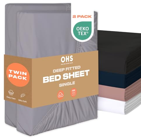 Brentfords Single Fitted Sheets 2 Pack, Deep Fitted Sheet Bed Cover Easy Care Fade Resistant Ultra Soft Bed Sheet Linen Microfibre Single Sheets - Grey