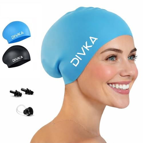DIVKA 2 Pack Silicone Swim Caps for Women and Men – Waterproof Long Hair Swimming Caps for Adults – Stretchy Comfortable Durable Swim Cap for Pool and Training – Includes Ear Plugs and Nose Clip