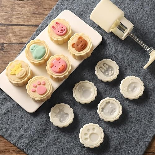 PIXRIY Mooncake Mold with 6 Stamps,Mid-Autumn Festival Hand-Pressure Flower Moon Cake Mould 50g DIY Decoration Mooncake Press Molds (Animals)