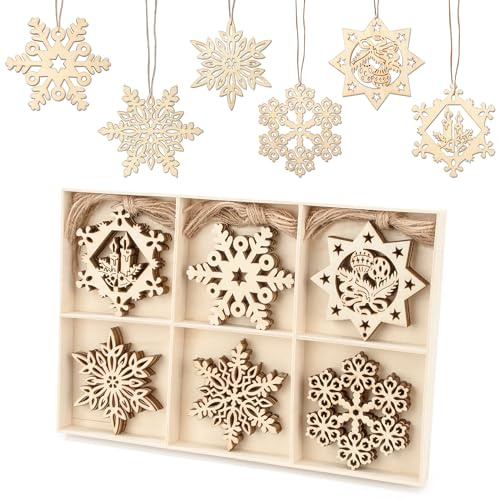 Holz-Anhänger Schneeflocken Baumschmuck, 30 Stück Holz Weihnachten Deko Weihnachtsbaumschmuck mit Juteseil, Weihnachts- Hängeornamente Christbaumschmuck für DIY Basteln Geschenke - 8cm