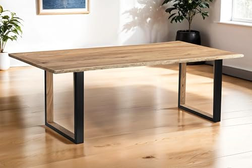 SAM Baumkantentisch 260 x 100 cm Brisbane, Akazienholz massiv + naturfarben, Esstisch mit schwarzem U-Gestell aus Metall + Holz-Inlet Innen, echte Baumkante, pflegeleichter Esszimmertisch