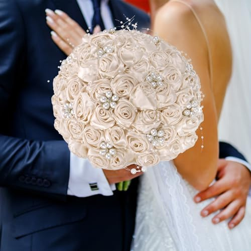 M METERXITY Brautsträuße für die Braut, künstlicher Rosenstrauß für Hochzeit/Braut/Brautjungfer, Wurfsträuße runder Brautstrauß [Champagner]