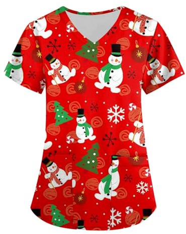 HSUAYEUD Christmas Scrub Top Women Christmas Outfit Plus Size V Neck Short Sleeve Printed Work Uniform T-Shirt Scrub Tops Tunic Blouse with Pockets Medium Reds