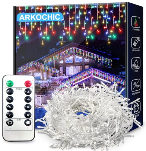 ARKOCHIC 10M Luci Natale Esterno Cascata, 400 LED Tenda Luminosa Colorata, Luci Natalizie con Telecomando, 8 Modalità, Decorazione Natale per Feste, Finestra, Balcone