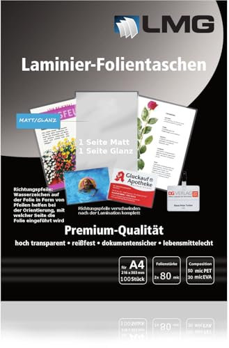 100 Matt-Glänzende Laminierfolien- 80 micron je Seite, 1 Seite Matt, eine Glänzend, Entspiegelt (80 MIC, DIN A4)